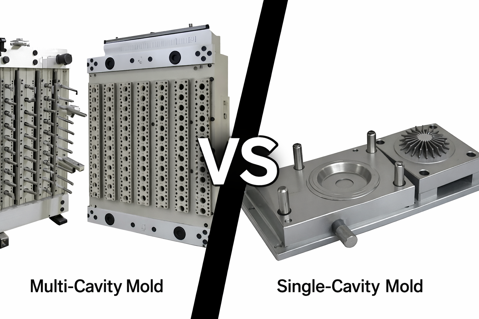 Comparison of multi-cavity mold and single-cavity mold used in plastic injection molding production.