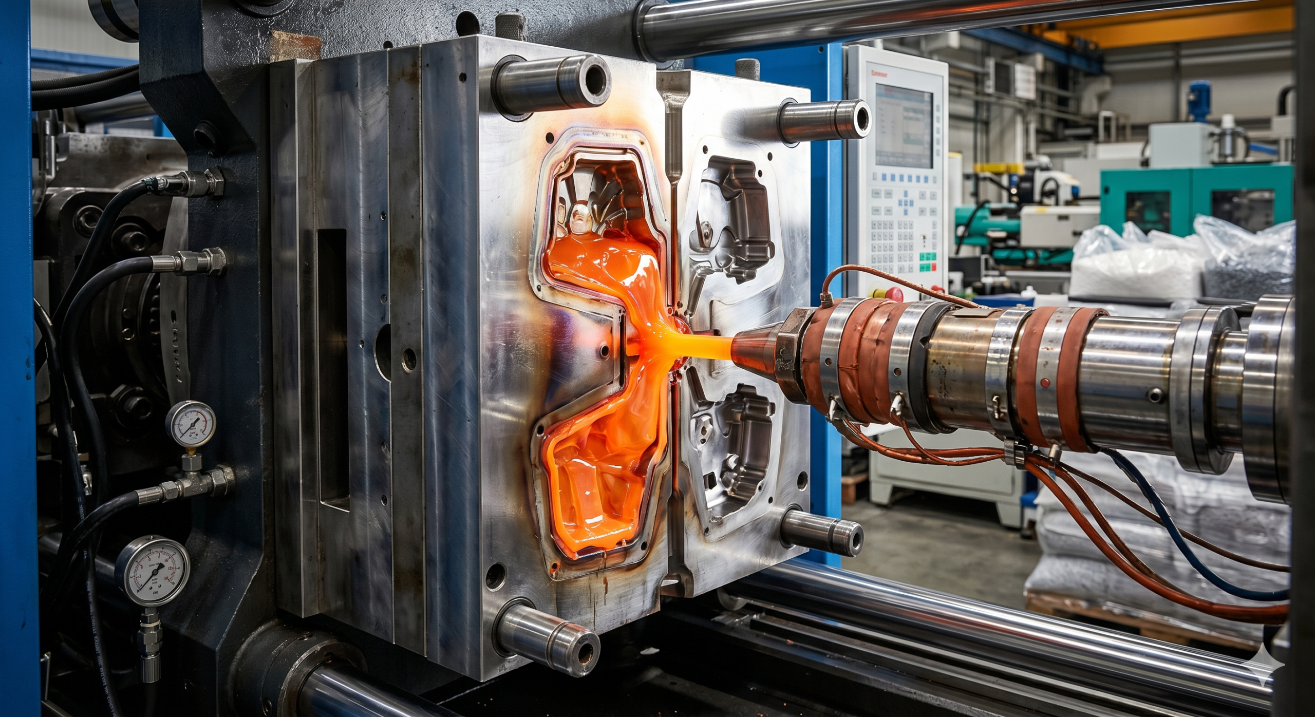 Molten plastic being injected into a precision steel mold during the injection molding process, highlighting efficiency, material flow, and product consistency.