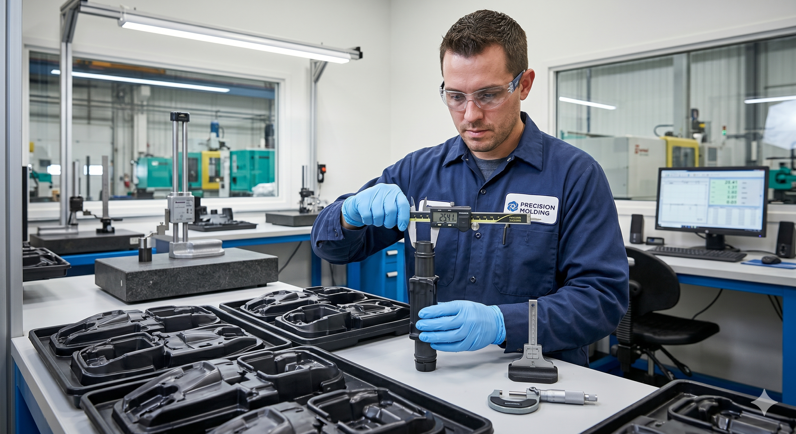 Technician measuring molded parts to ensure quality consistency in injection moulding production