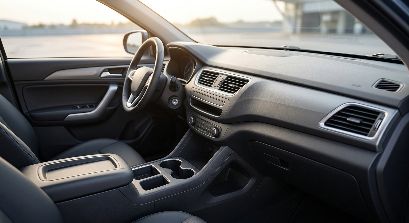 Modern car interior featuring a matte grey dashboard, air vents, and center console made of lightweight molded plastic components.