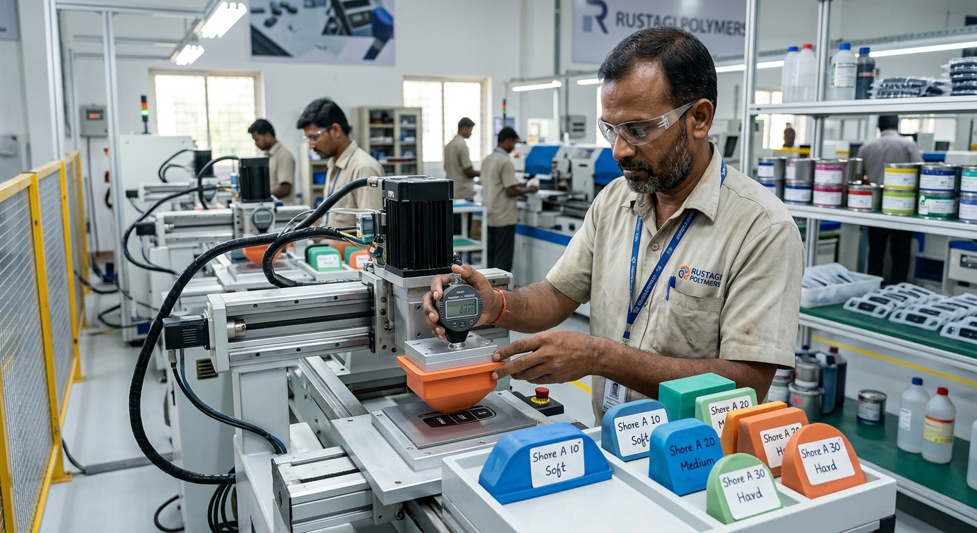 Technician testing pad hardness samples in a printing lab to choose the right pad for consistent print transfer.