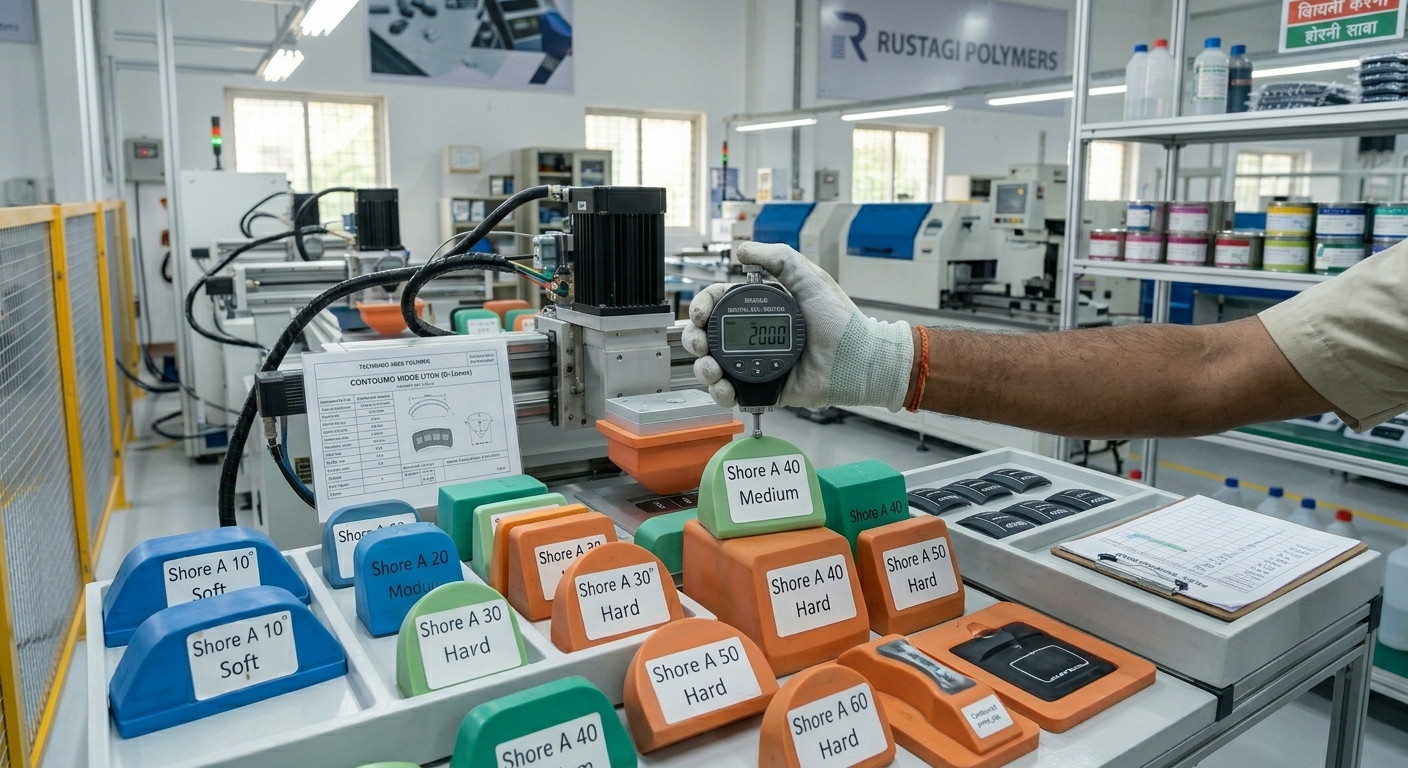 Close-up of a pad printing setup used for multi-colour pad printing on plastic parts, showing silicone pads of different Shore hardness levels being tested for accurate ink transfer and print alignment.