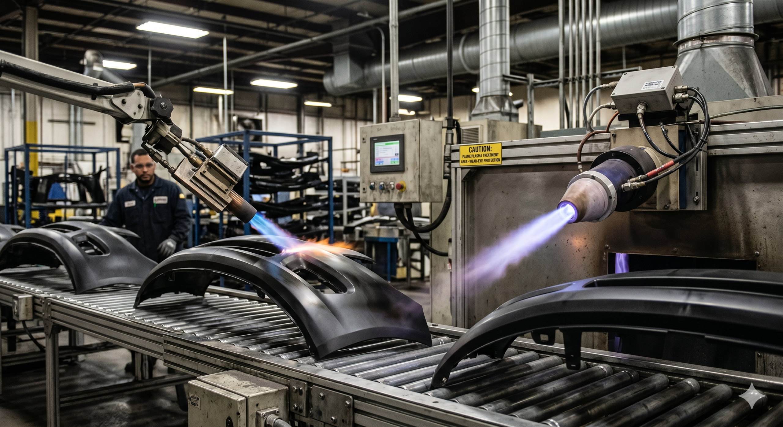 Plastic automotive parts moving through a flame treatment line before coating to increase paint adhesion and durability.