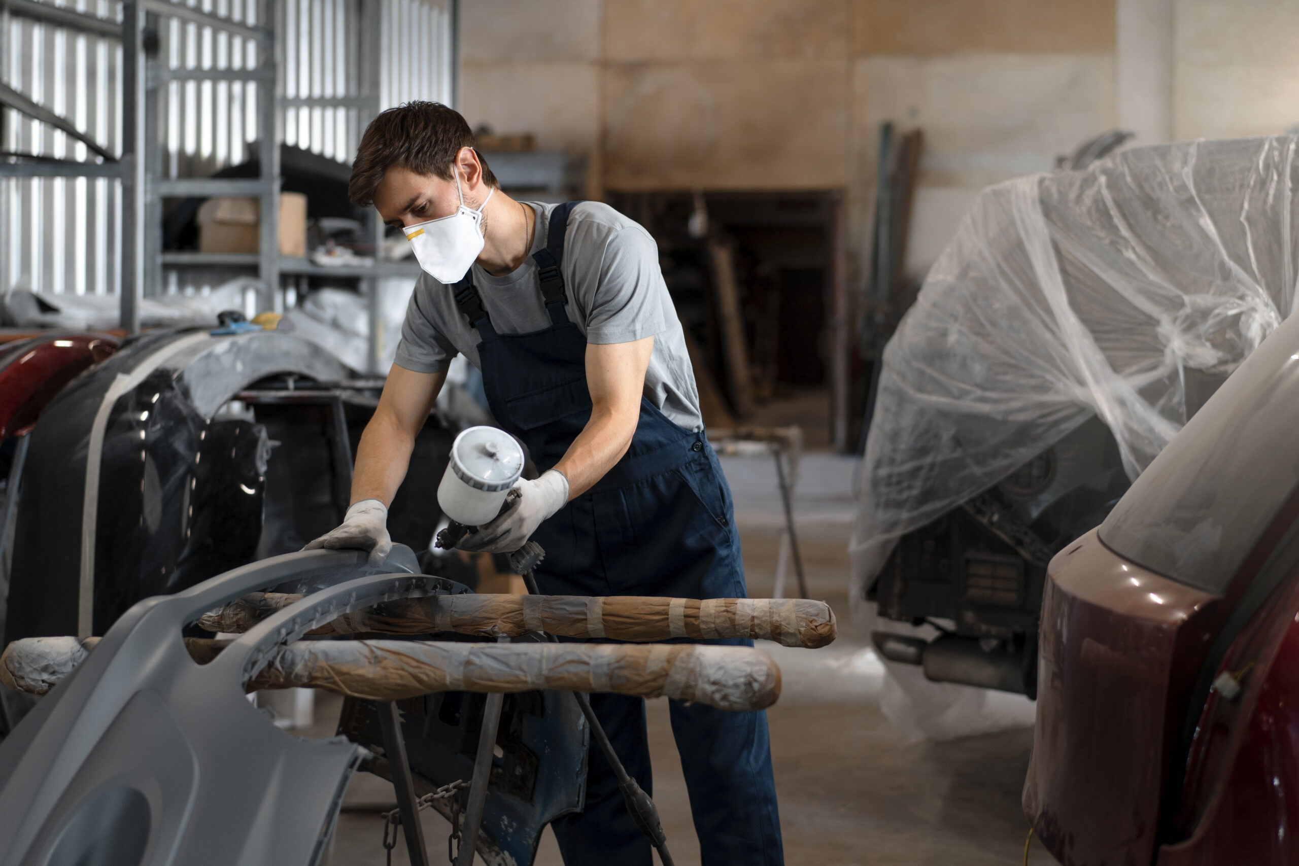 Automotive parts being powder coated in an industrial setup