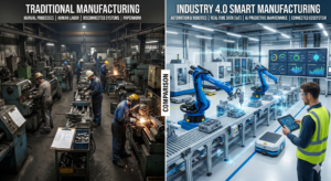 Comparison of traditional manufacturing and Industry 4.0 smart manufacturing showing differences in efficiency and automation.