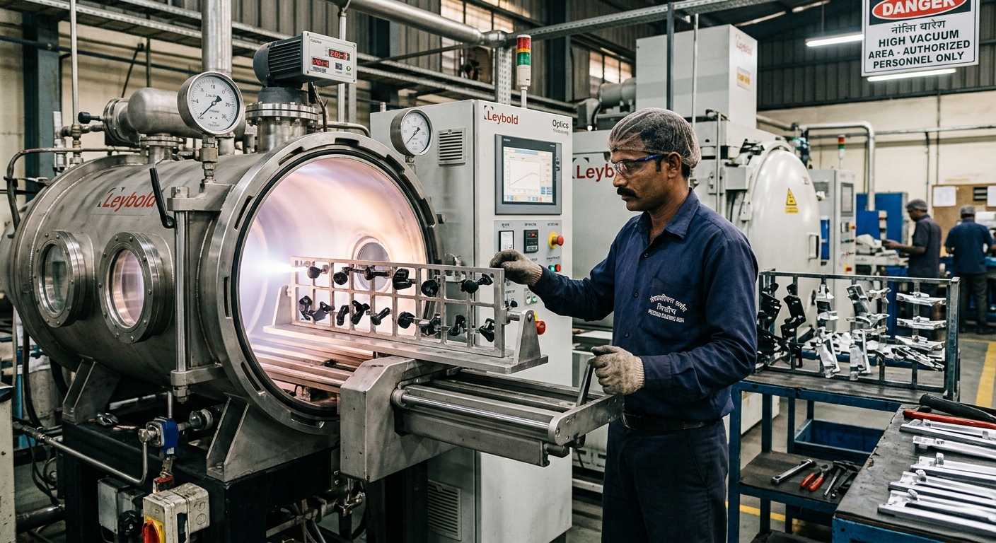 Industrial vacuum metallizing chamber processing injection molded plastic automotive parts for premium chrome finishes.