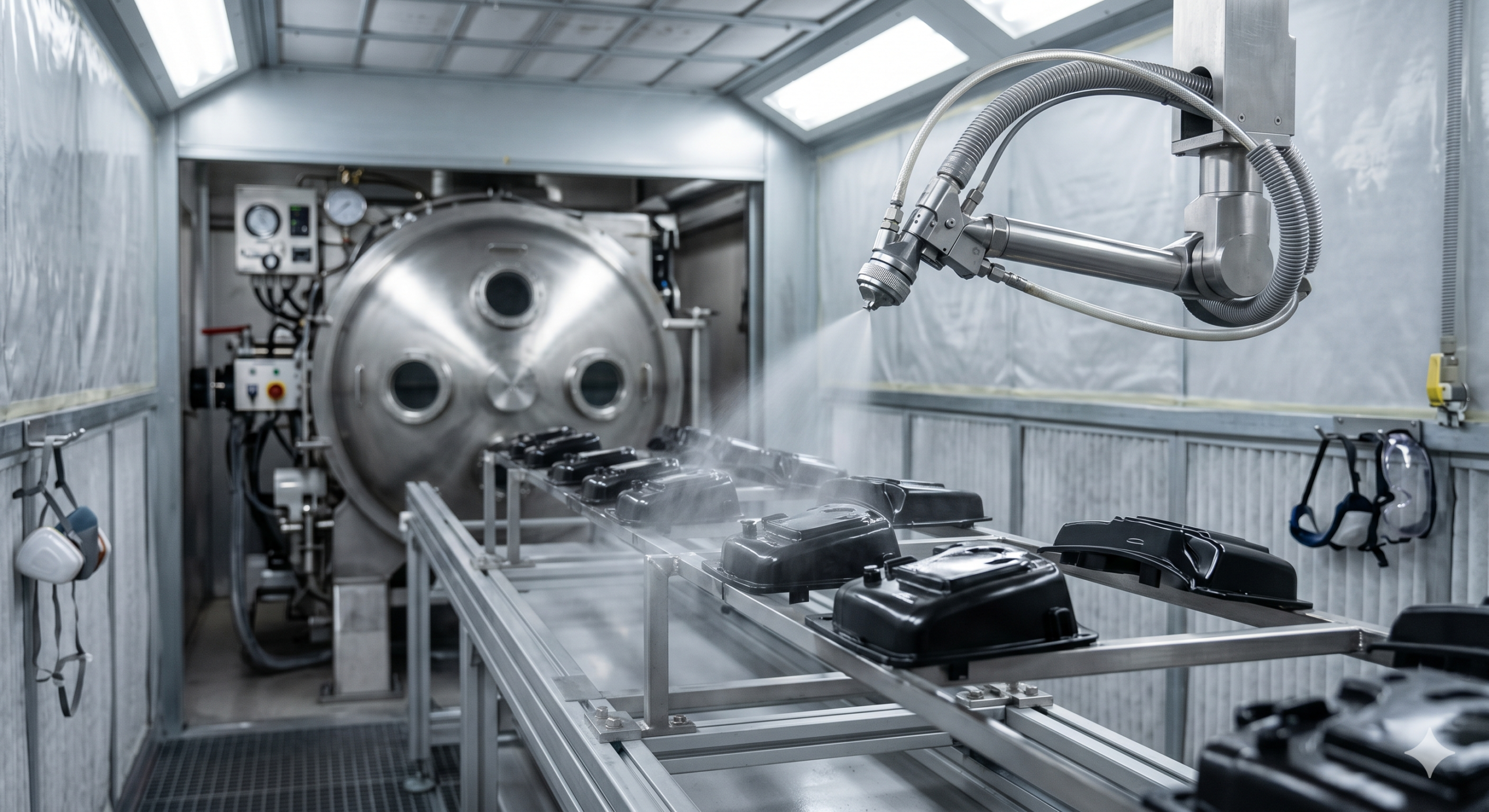 Close-up of glossy primer being sprayed onto plastic components in a paint booth before they enter a vacuum metallizing chamber.