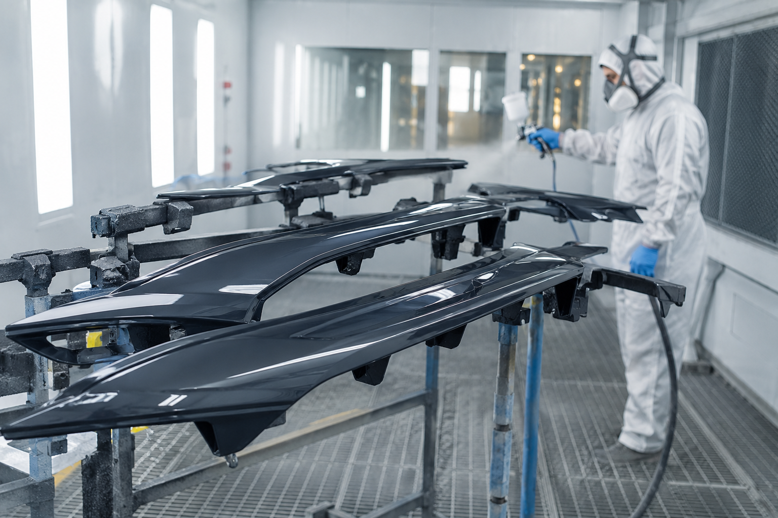 Industrial spray painting of plastic automotive components for a durable, high-gloss finish