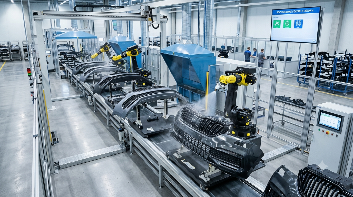 Robotic spray painting system applying a protective polyurethane (PU) coating onto molded automotive plastic components inside a cleanroom manufacturing facility.